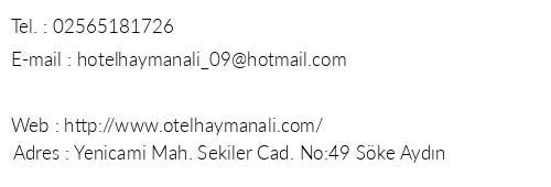 Otel Haymanal telefon numaralar, faks, e-mail, posta adresi ve iletiim bilgileri